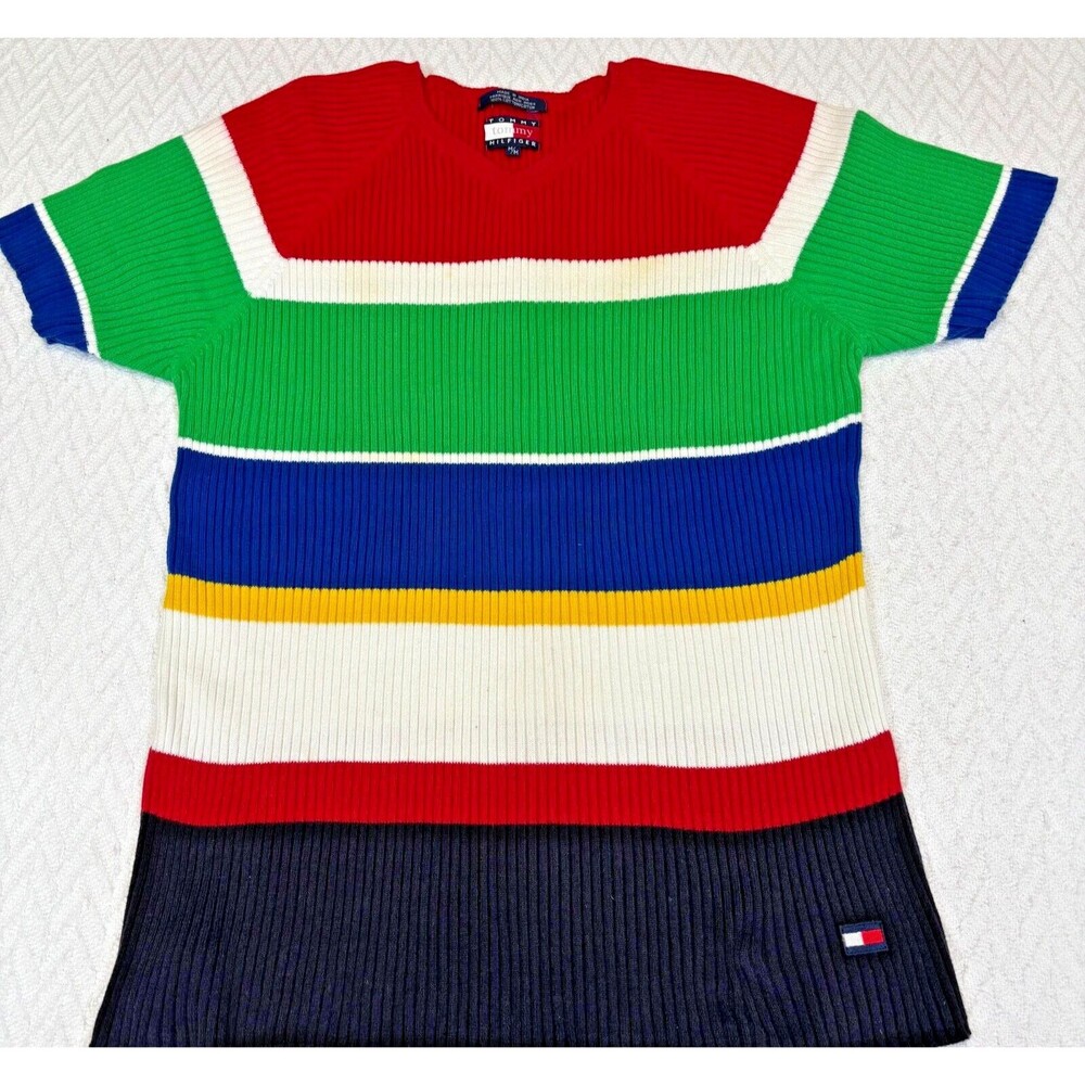 VTG Tommy Hilfiger Colorful Ribbed Cotton Knit Short Sleeve Sweater M Logo Flag